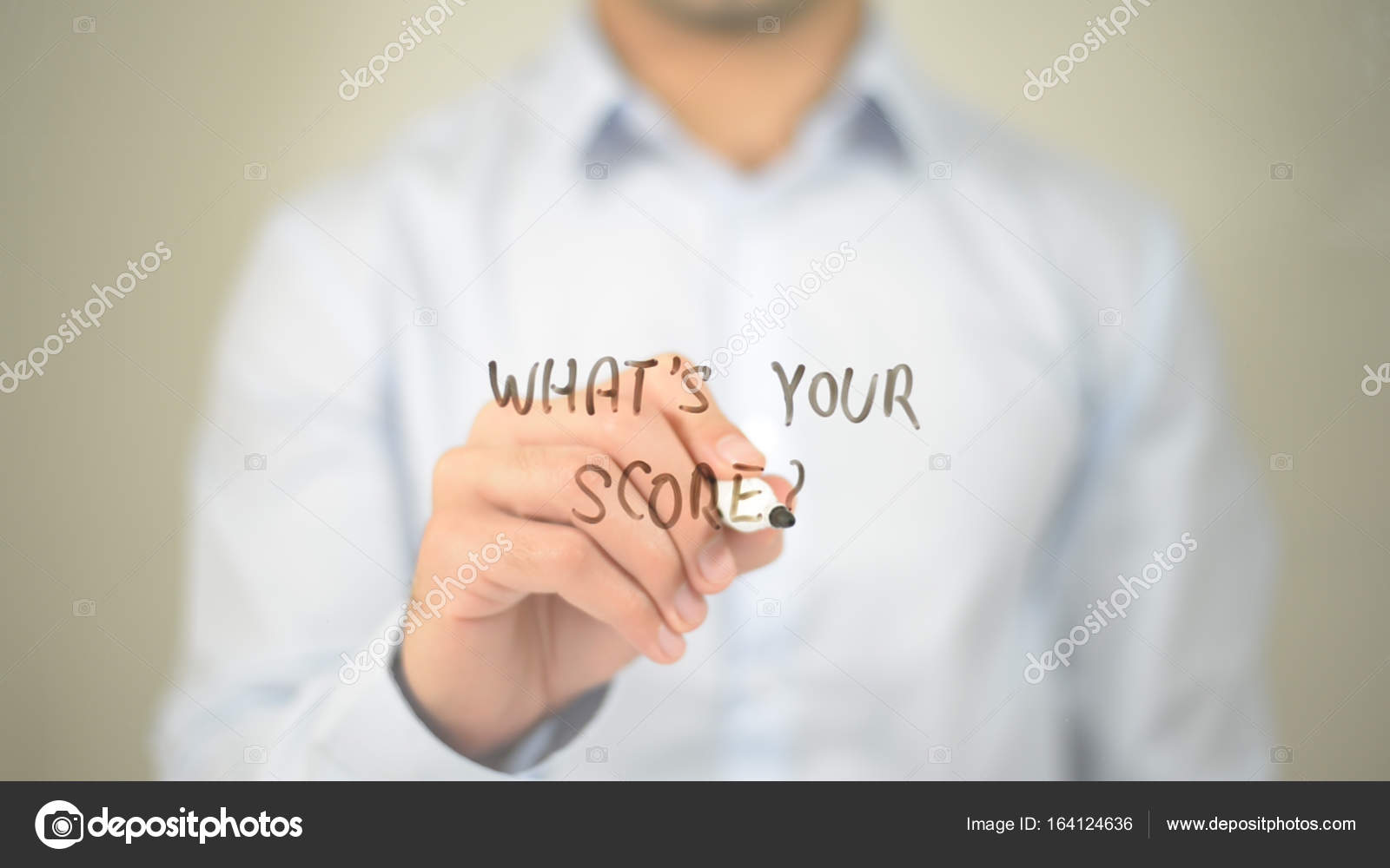 Whats Your Score ?, man writing on transparent screen — Stock Photo