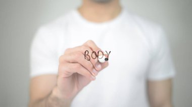 Vücut, şeffaf ekranda yazma adam