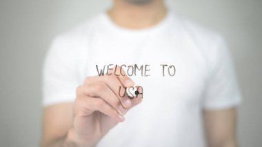 ABD, şeffaf ekranda yazma adam hoş geldiniz.