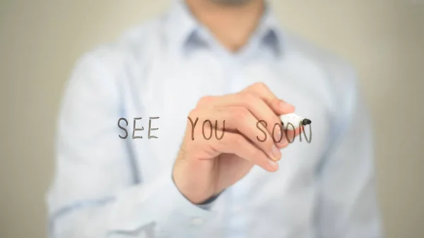 See You Soon, man writing on transparent screen — Stock Photo, Image