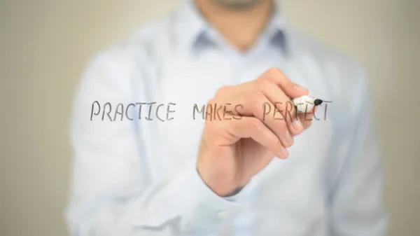 Practice Makes Perfect , man writing on transparent screen — Stock Photo, Image