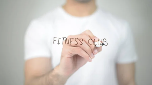 Fitness Club, hombre escribiendo en pantalla transparente —  Fotos de Stock