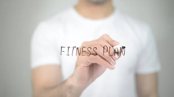 Plan Fitness, hombre escribiendo en pantalla transparente —  Fotos de Stock