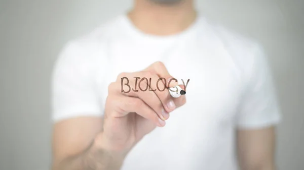 Biologia, scrittura uomo su schermo trasparente — Foto Stock
