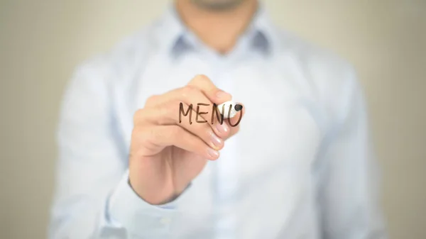 Menú, hombre escribiendo en pantalla transparente — Foto de Stock