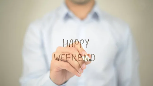 Happy Weekend, man writing on transparent screen — Stock Photo, Image