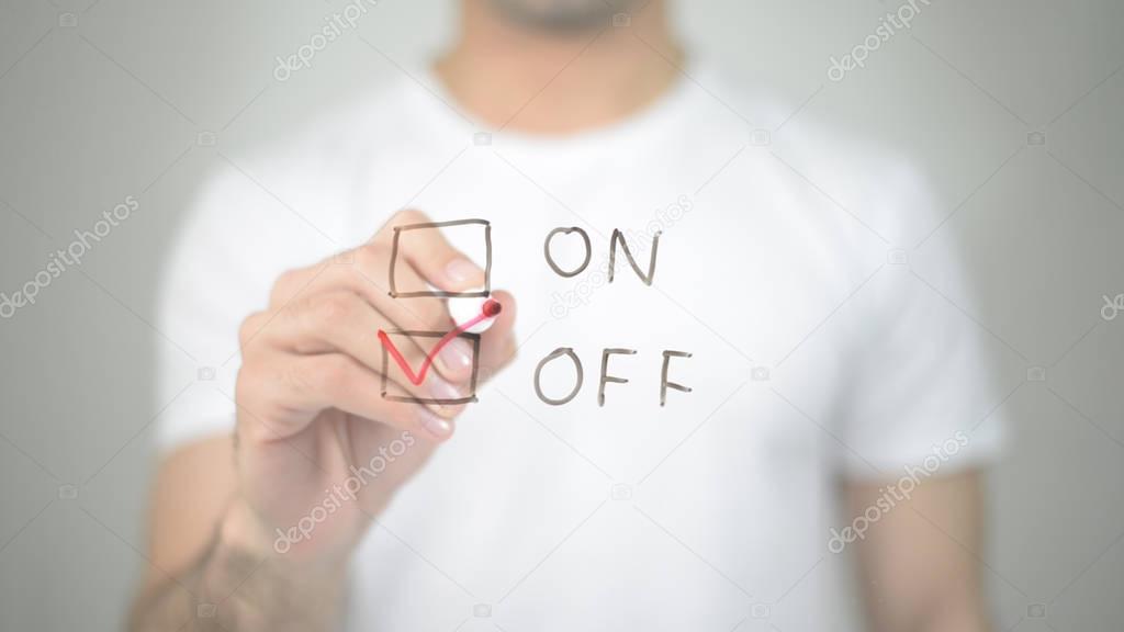 Off, Selecting by Tick, man writing on transparent screen
