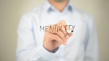 Zihniyet, şeffaf ekranda yazma adam