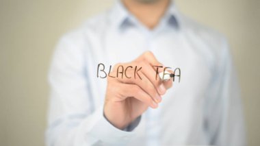 Çay, şeffaf ekranda yazma adam siyah