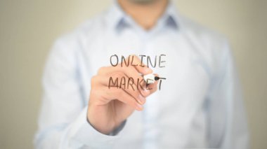 Online Pazar, şeffaf ekranda yazma adam