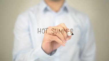 Yaz, şeffaf ekranda yazma adam sıcak