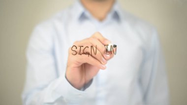 Oturum, şeffaf ekran üzerinde yazılı adam