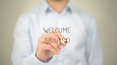 Aramıza hoş geldin, şeffaf ekran üzerinde yazılı adam