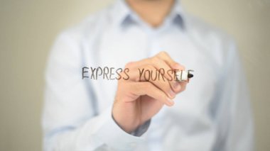 Kendinizi, şeffaf ekranda yazma adam ifade