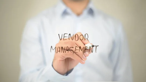 Vendor Relaitionship Management, Man Writing on Transparent Screen — Stock Photo, Image