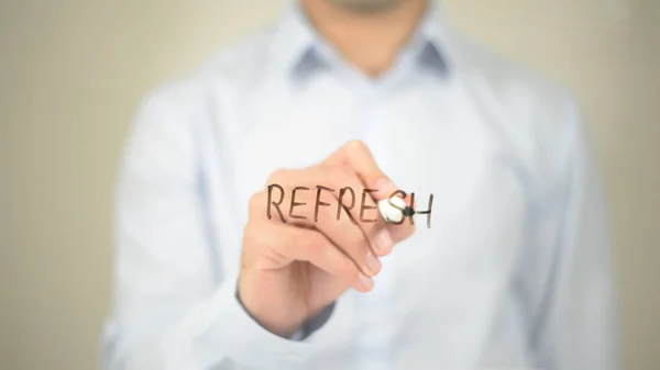 Refresh, Man Writing on Transparent Screen — Stock Photo, Image