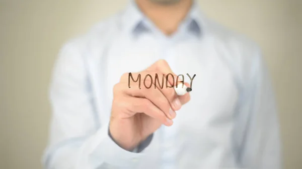 Monday , Man writing on transparent screen — Stock Photo, Image