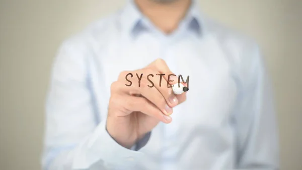 Systeem, schrijven op transparante scherm Man — Stockfoto