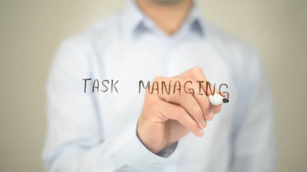 Task Managing, Man Writing on Transparent Screen — Stock Photo, Image