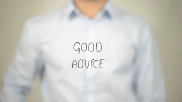 Good Advice , Man writing on transparent screen — Stock Photo, Image