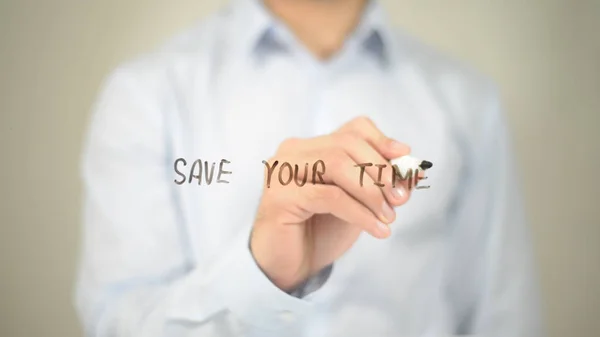 Risparmia tempo, Man Writing on Transparent Screen — Foto Stock