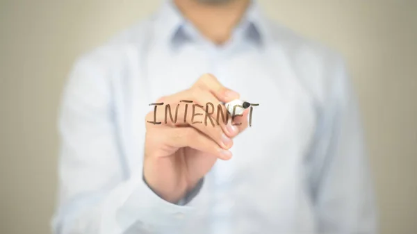Internet , Man writing on transparent screen — Stock Photo, Image