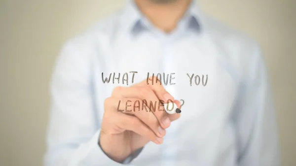 What Have you Learned, Man Writing on Transparent Screen — Stock Photo, Image