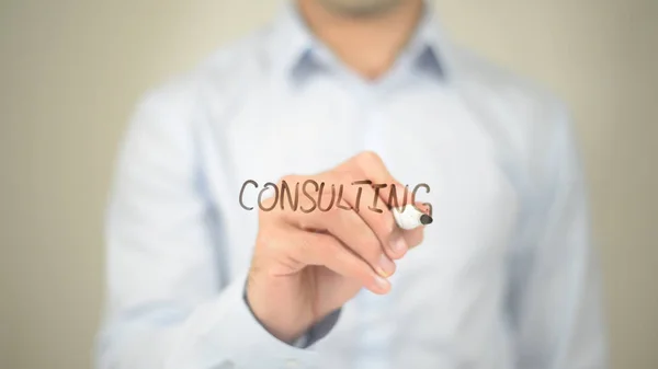 Consulting, Man writing on transparent screen — Stock Photo, Image