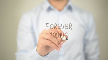 Sonsuza kadar genç, şeffaf ekranda yazma adam