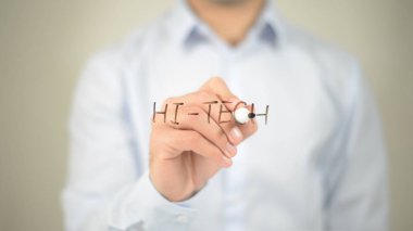 Merhaba Tech, şeffaf ekranda yazma adam