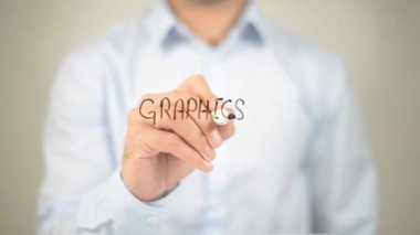 Grafik, şeffaf ekranda yazma adam