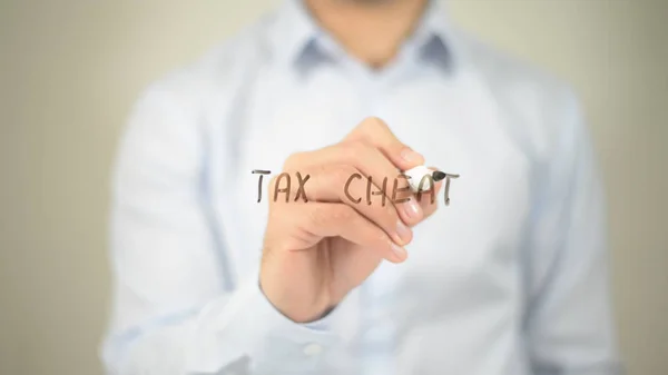 Tax Cheat, uomo che scrive sullo schermo trasparente — Foto Stock