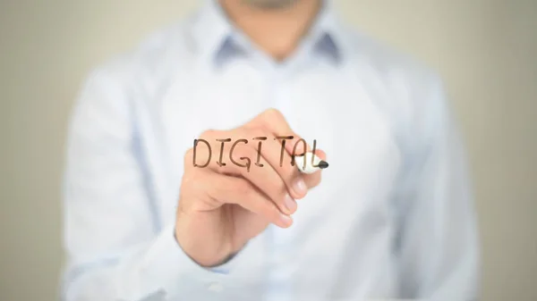 Digital, hombre escribiendo en pantalla transparente — Foto de Stock