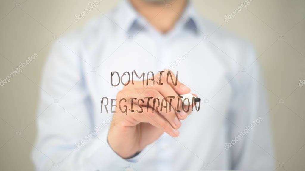 Domain Registration, man writing on transparent screen
