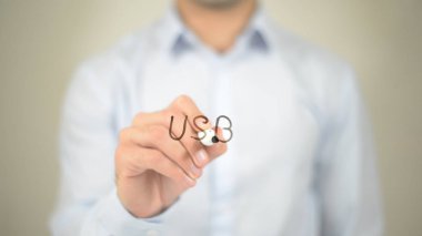 USB, şeffaf ekranda yazma adam