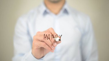Happy, şeffaf ekranda yazma adam