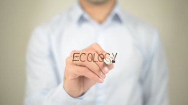 Ekoloji, şeffaf ekranda yazma adam