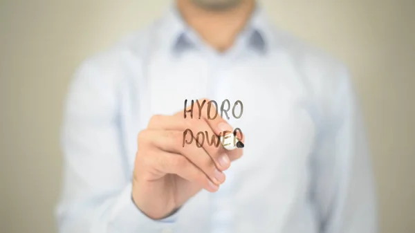 Hydro Power, Homem escrevendo na tela transparente — Fotografia de Stock