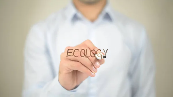 Ecologia, Homem escrevendo na tela transparente — Fotografia de Stock