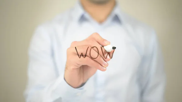 Wow,  Man writing on transparent screen — Stock Photo, Image