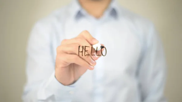 Hola, Man Writing en pantalla transparente — Foto de Stock