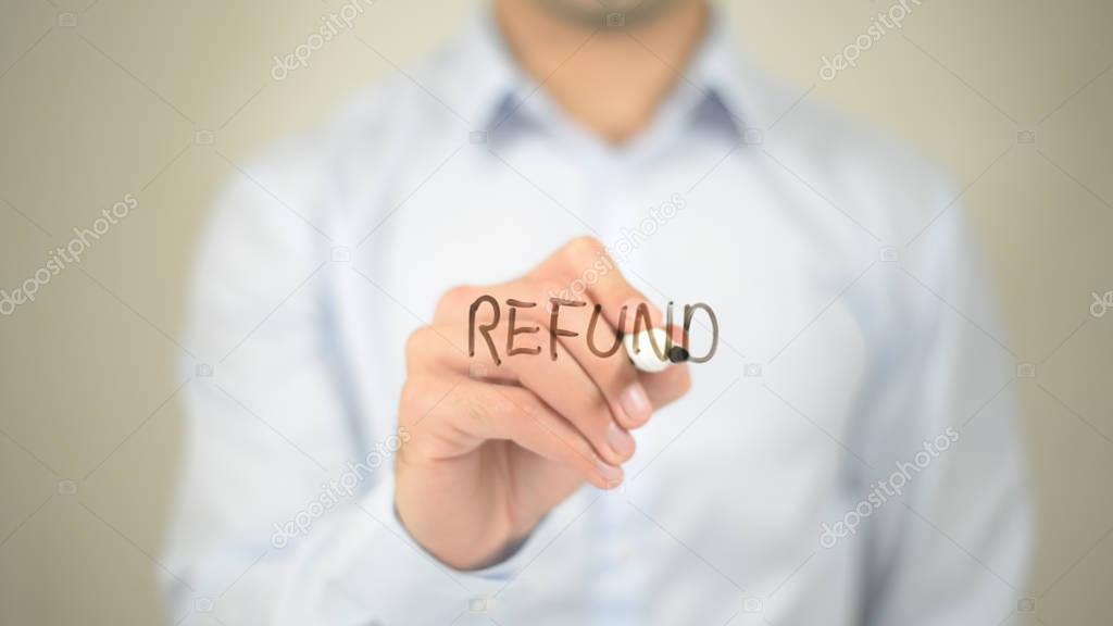 Refund,  Man writing on transparent screen