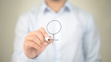 Kadın işaret, şeffaf ekranda yazma adam