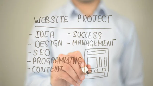 Proyecto Web, Concepto, Hombre escribiendo en pantalla transparente — Foto de Stock