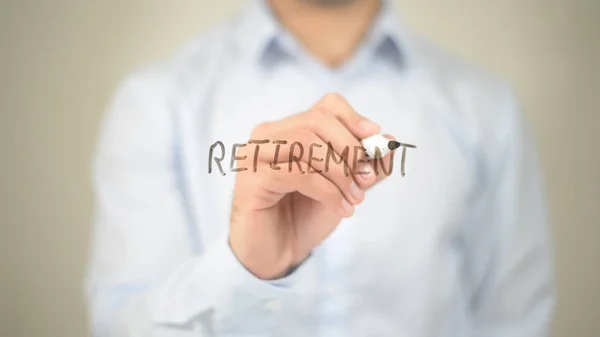 Retirement,  Man writing on transparent screen — Stock Photo, Image