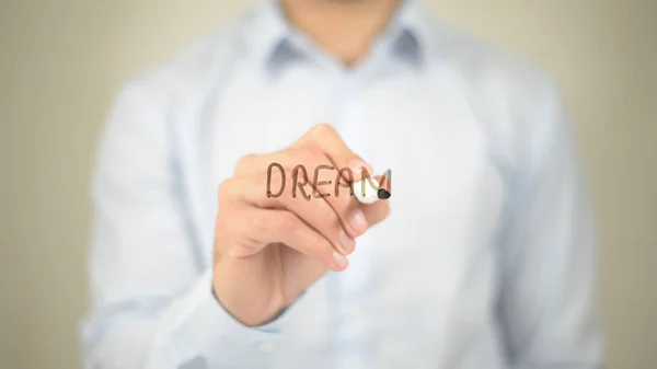 Sonho, Homem escrevendo na tela transparente — Fotografia de Stock