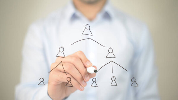 Hierarchy of People,  Man writing on transparent screen