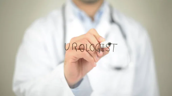 Urologist, Doctor writing on transparent screen — Stock Photo, Image