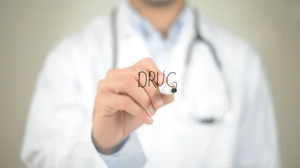 Drug, Doctor writing on transparent screen — Stock Photo, Image