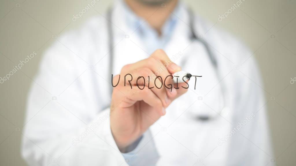 Urologist, Doctor writing on transparent screen